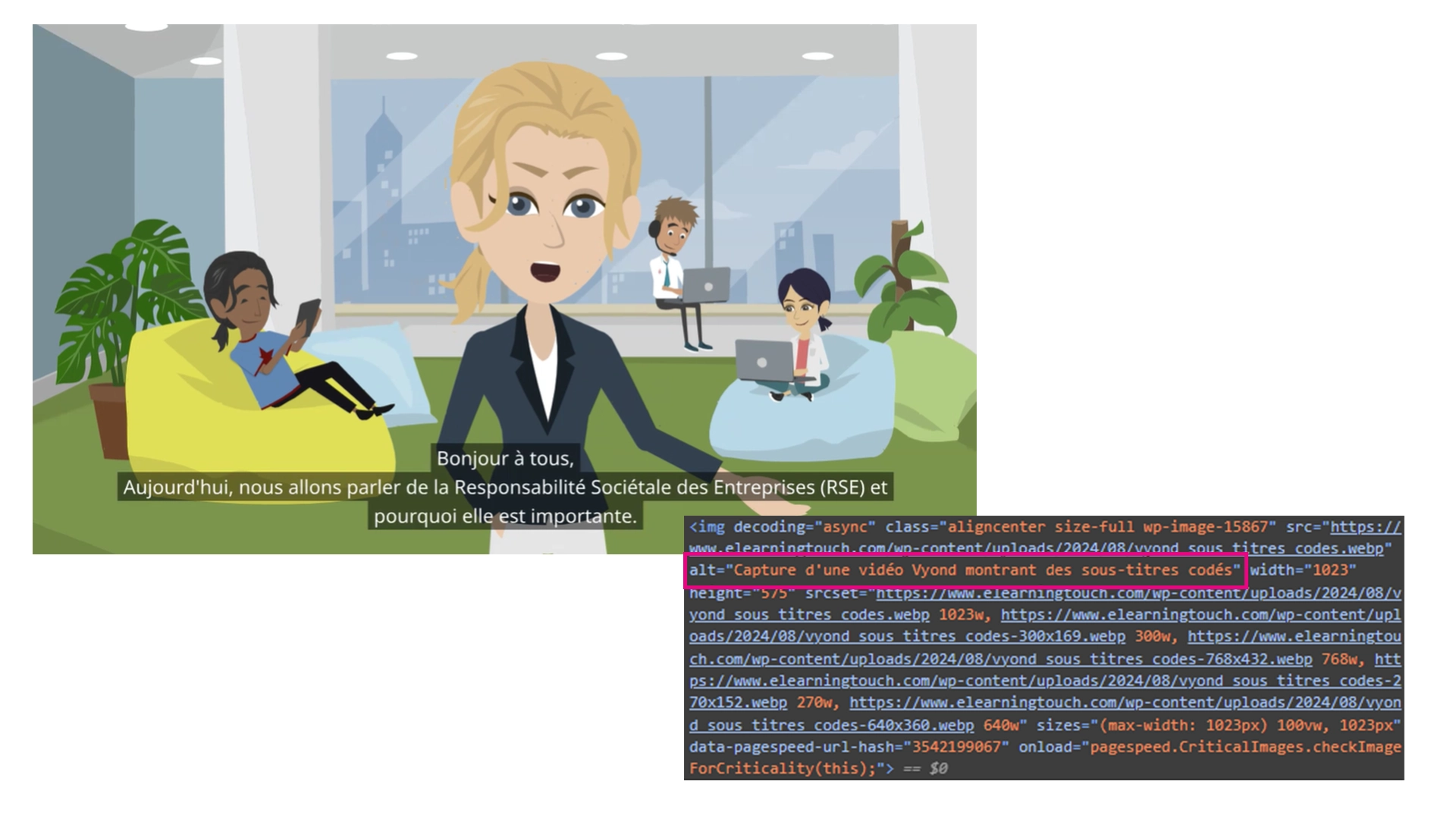 Capture d'une image provenant d'une vidéo Vyond qui indique l'attribut alt : capture d'une vidéo montrant des sous-titres codés