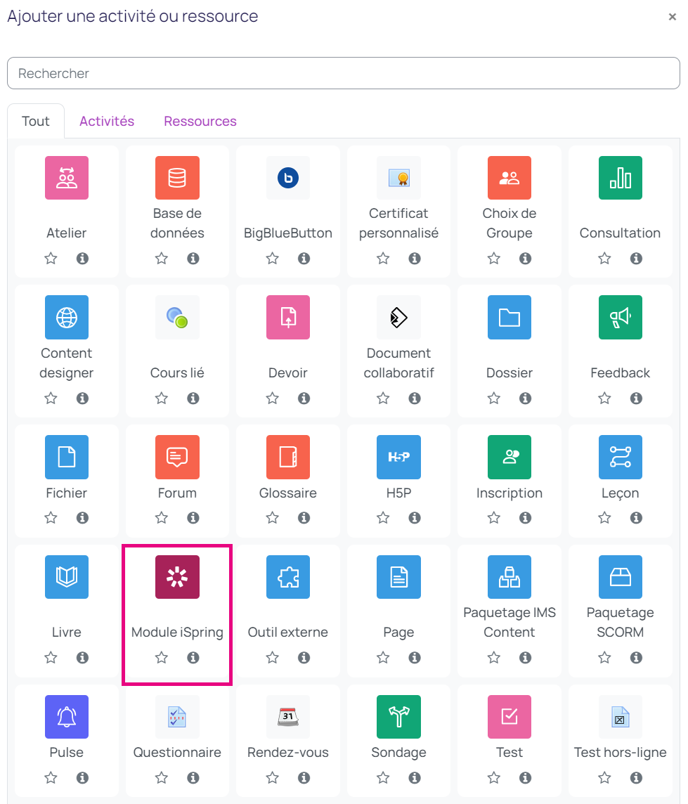Capture de l'activité "Module iSpring" dans Moodle