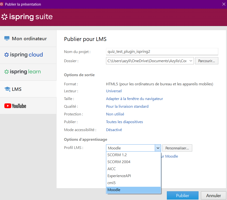 Capture comment exporter un quiz ispring