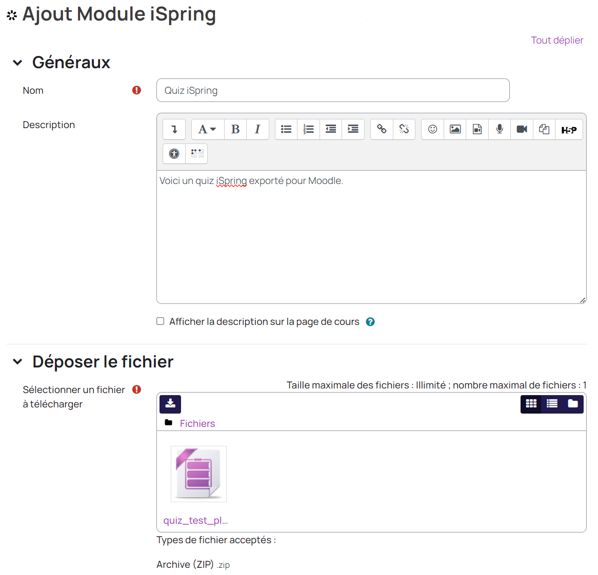 Capture de paramétrage de votre module iSpring