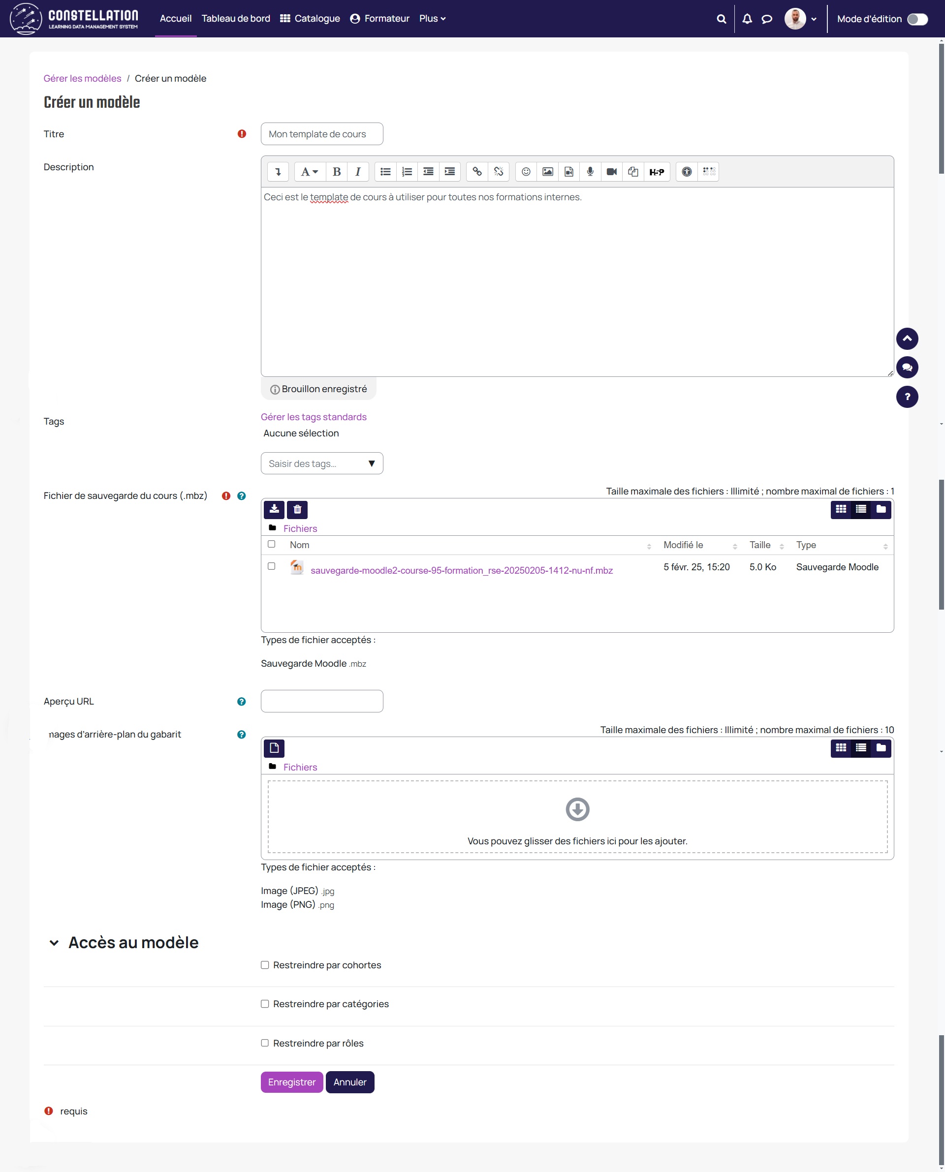 créer modèle cours kickstart moodle